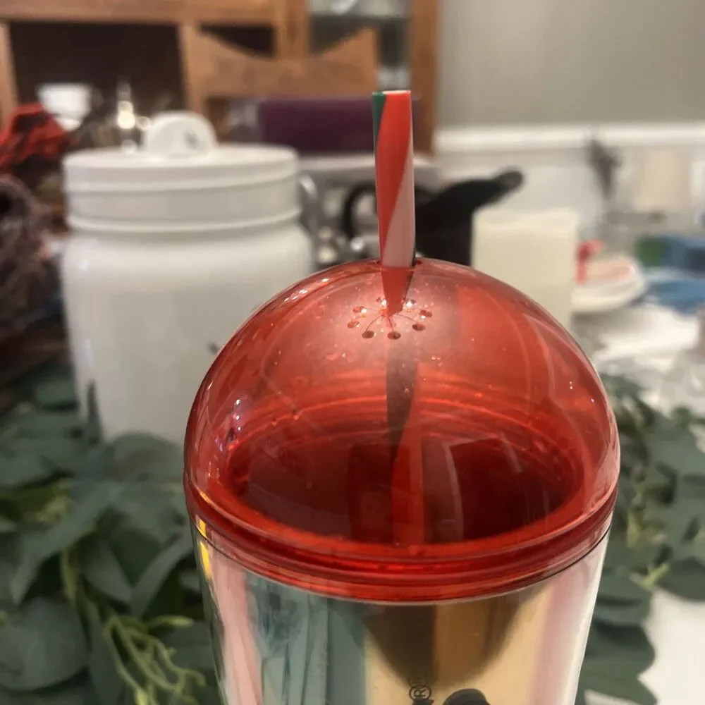Starbucks 2024 Metallic Red Green Gold Stripe Dome Cup Limited Edition‎ w/straw